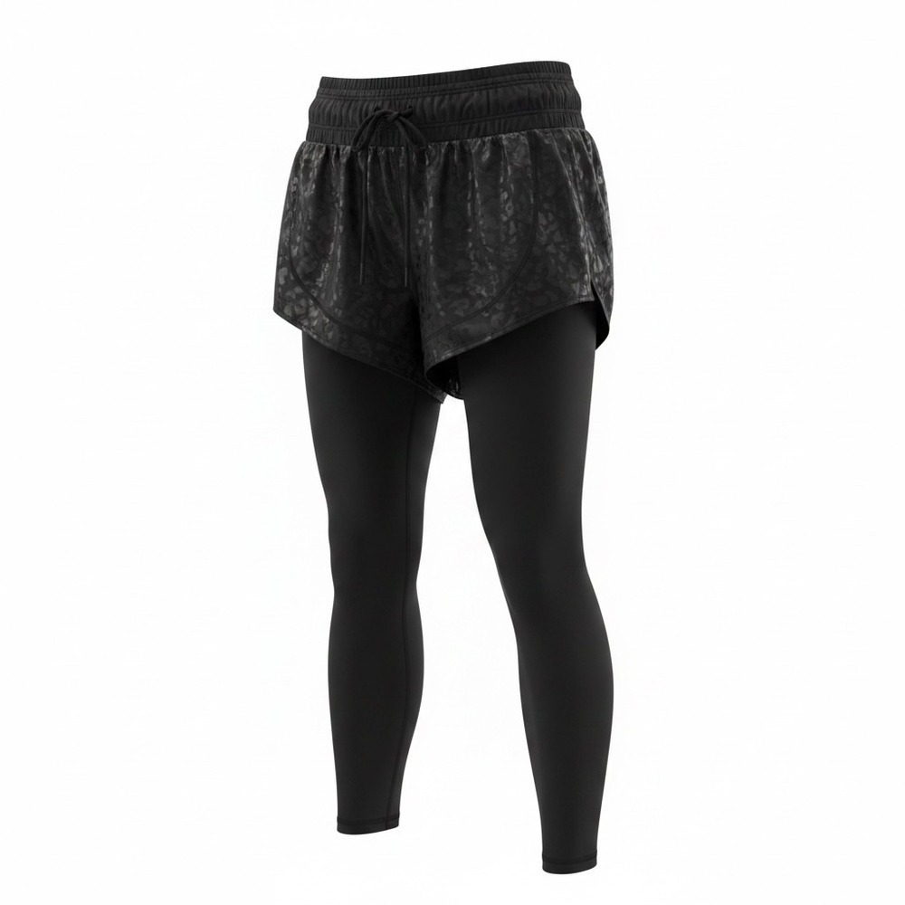 Athleta 2-in-1 Tight Womens M Black Rainier Leopard Print Running Leggings Short